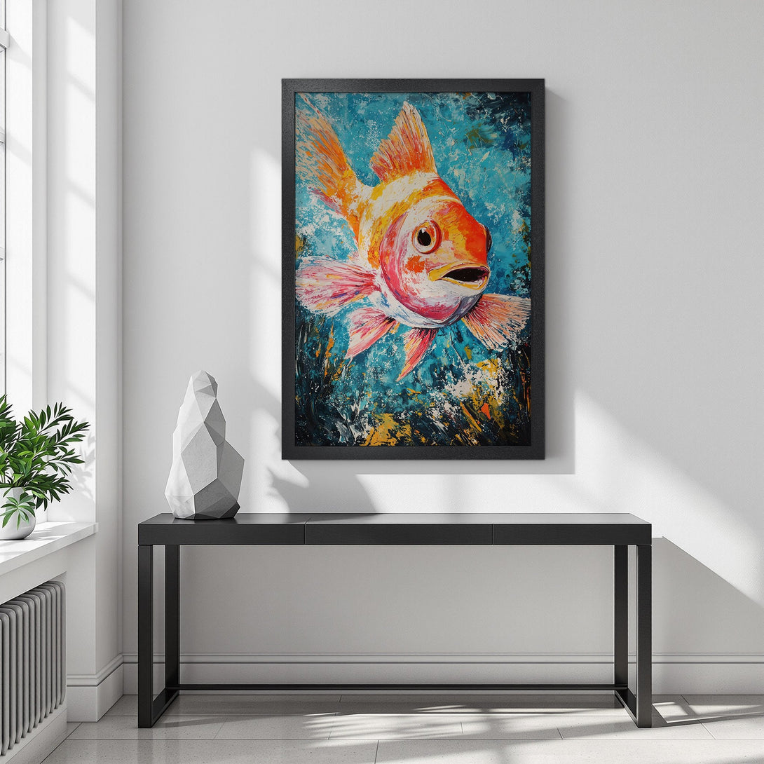 Framed Poster of a vibrant goldfish painting in orange and blue. Adds a pop of color and artistic style to any space.