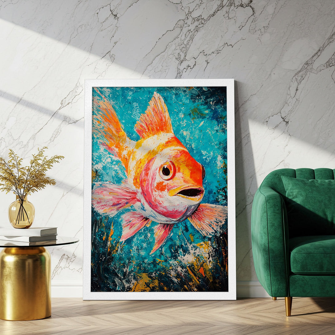 Framed Poster of a vibrant goldfish in an abstract style with a teal, orange, and pink color palette. Perfect wall art!