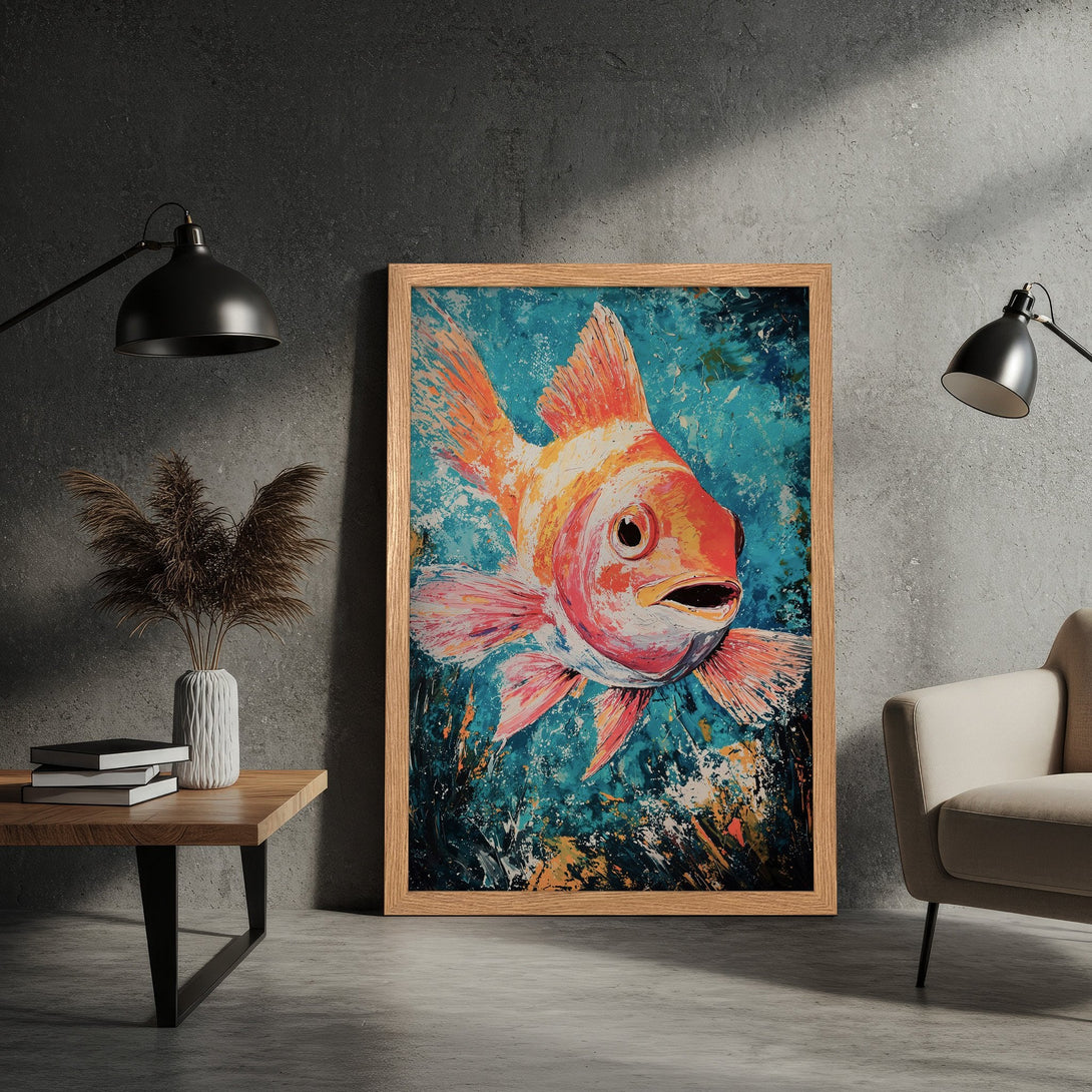 Framed Poster featuring a vibrant goldfish painting in an impressionistic style with a blue, orange, and white color palette. Add art to your space!