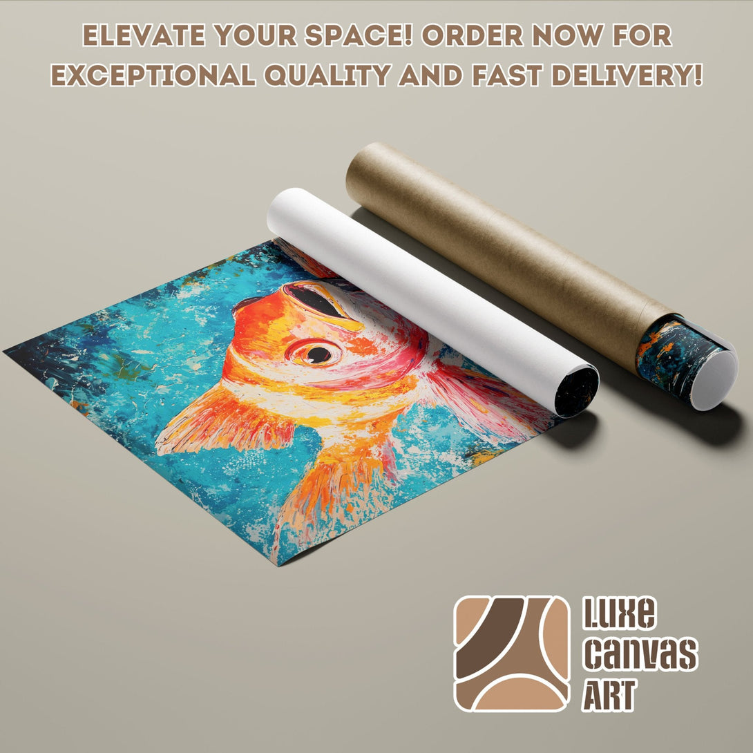 Abstract Koi Fish Poster Roll, vibrant art with blue, orange, and white palette. Elevate your space!