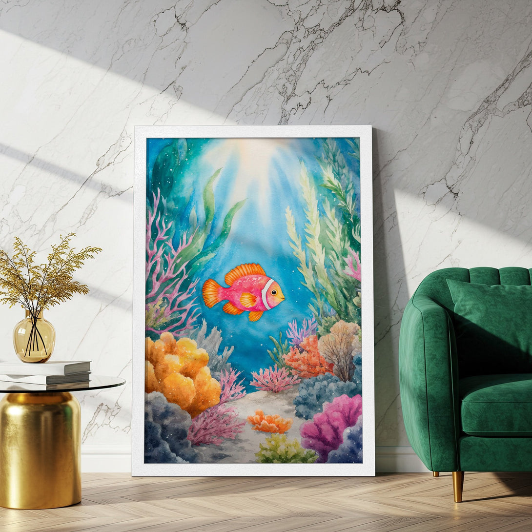 Framed Poster of a vibrant watercolor clownfish in an underwater scene. Beautiful blues, oranges, and pinks. Perfect wall art!