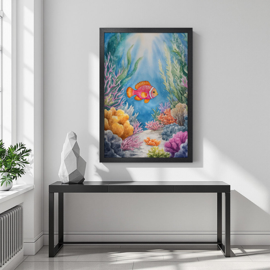 Framed Poster featuring a vibrant watercolor clownfish in a coral reef scene. Beautiful blue, pink, and orange color palette. Perfect wall art!