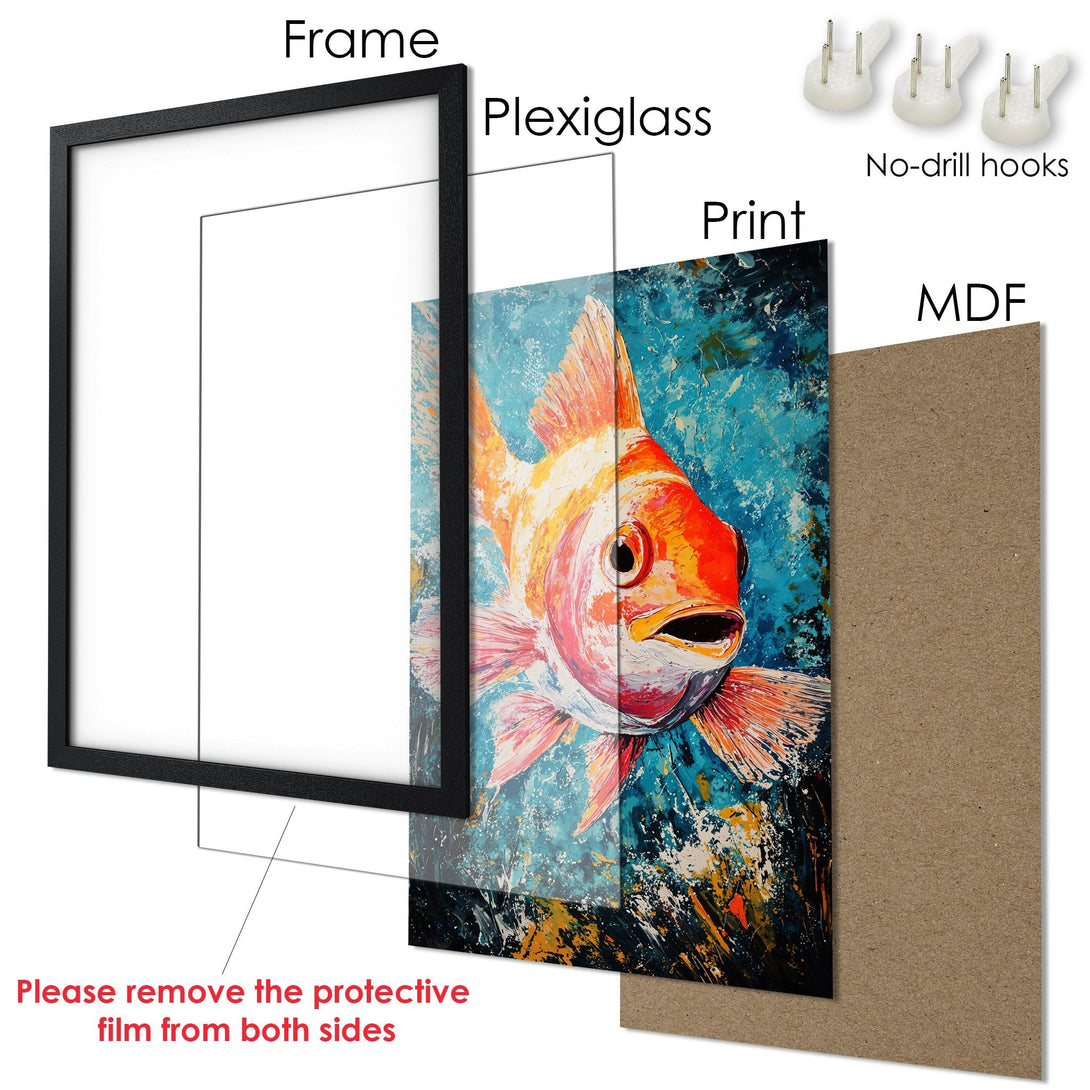 Framed Poster featuring a vibrant goldfish painting in a modern, colorful style. Perfect wall art for your home!