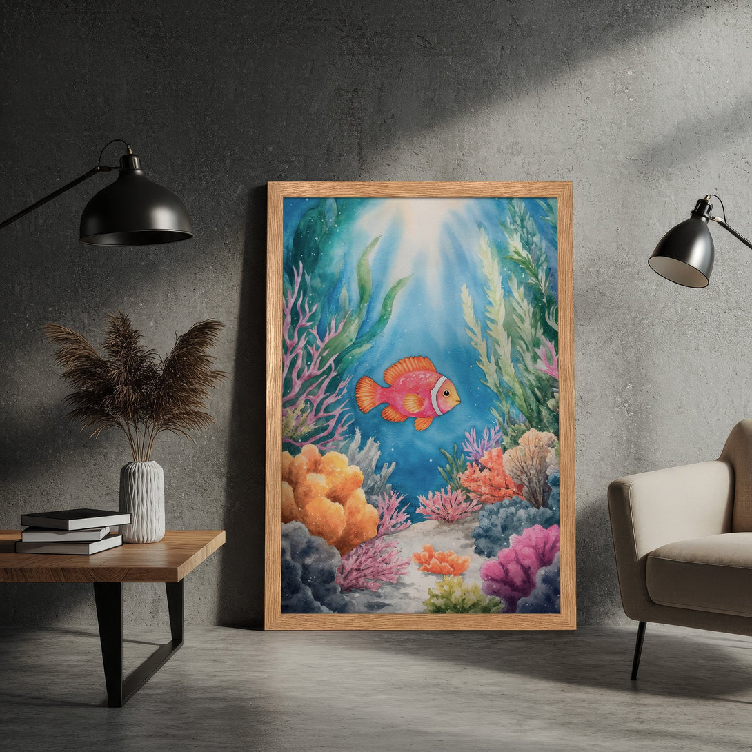 Framed Poster featuring a vibrant watercolor underwater scene with a fish. Beautiful blues, corals, and greens. Perfect wall art!