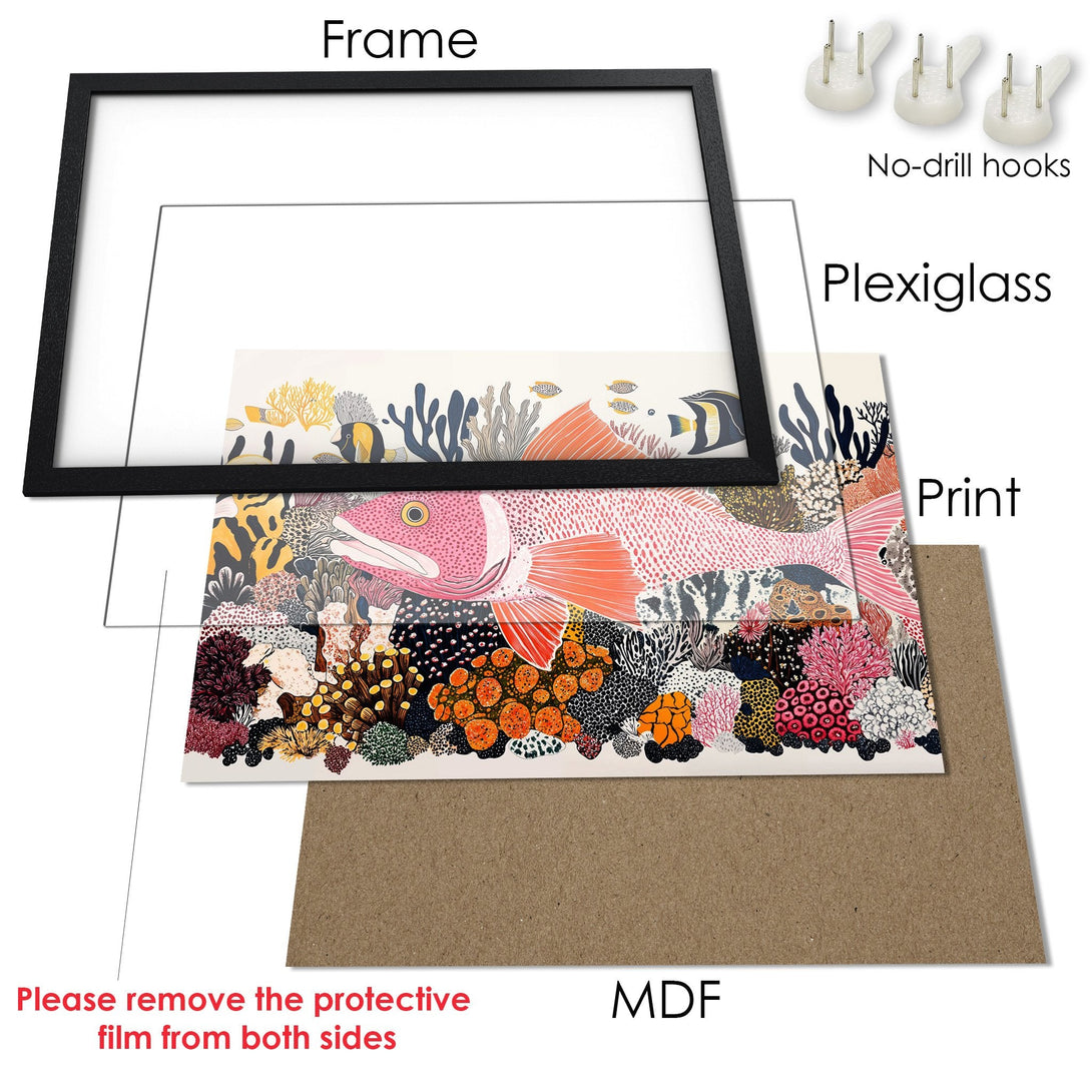 Framed Poster featuring a colorful coral reef illustration. Modern art style with orange, pink, and blue hues. Ready to hang!