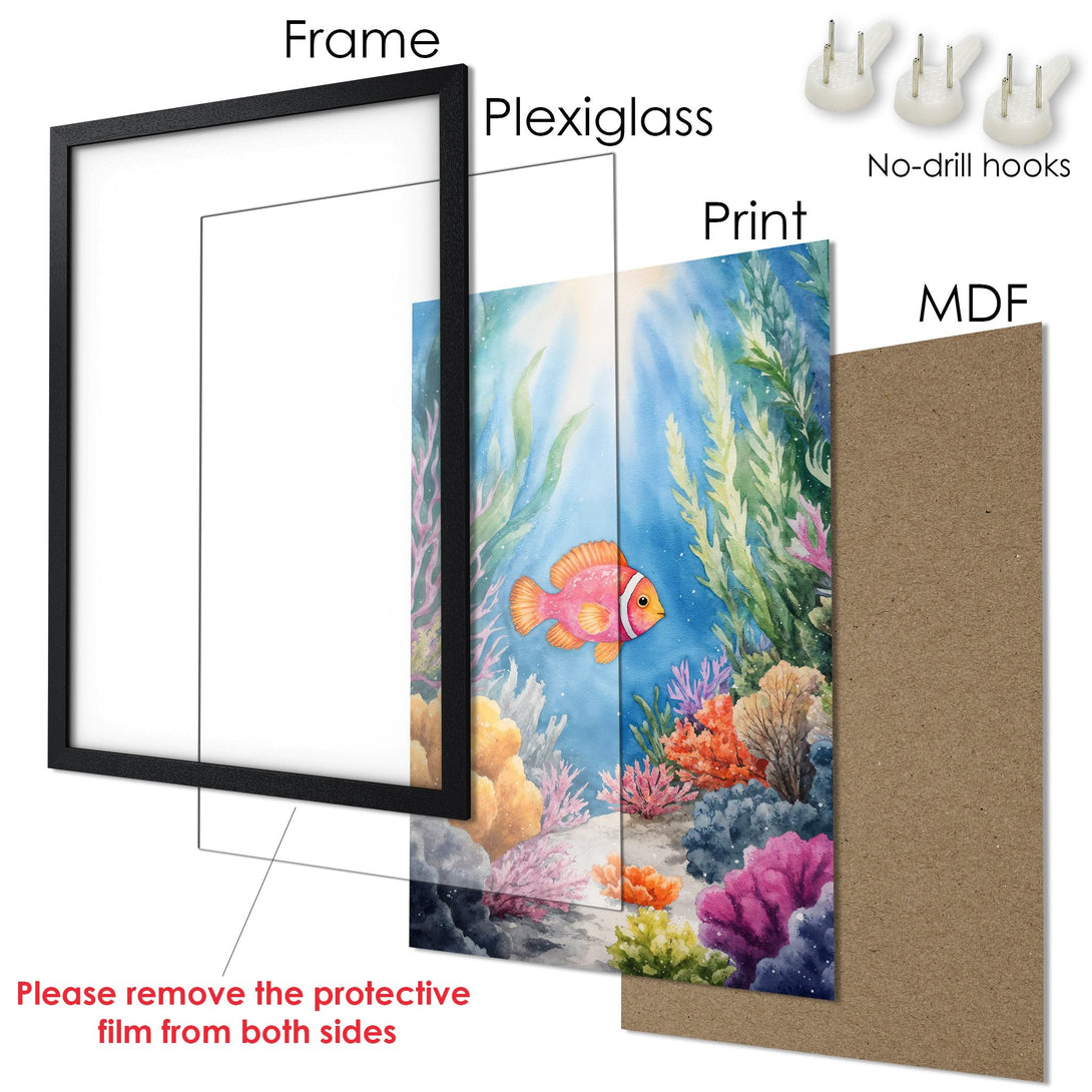 Framed Poster featuring a vibrant watercolor underwater scene with a clownfish. Beautiful blue, orange, and green color palette. Perfect wall art!