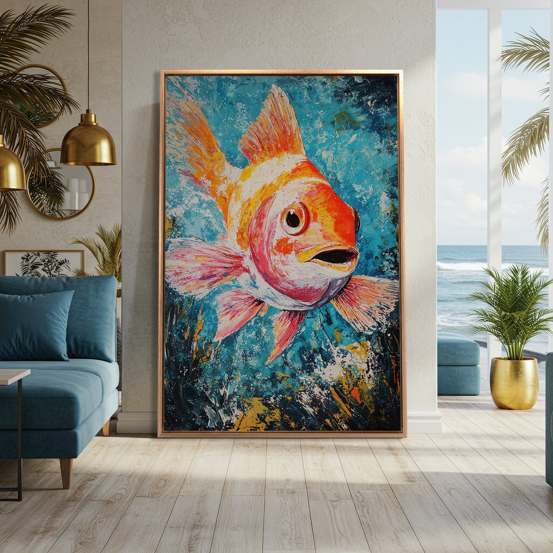 Framed Wall Art: Vibrant goldfish painting in a modern interior. Bold brushstrokes and a striking orange, blue, and yellow color palette create a stunning focal point.