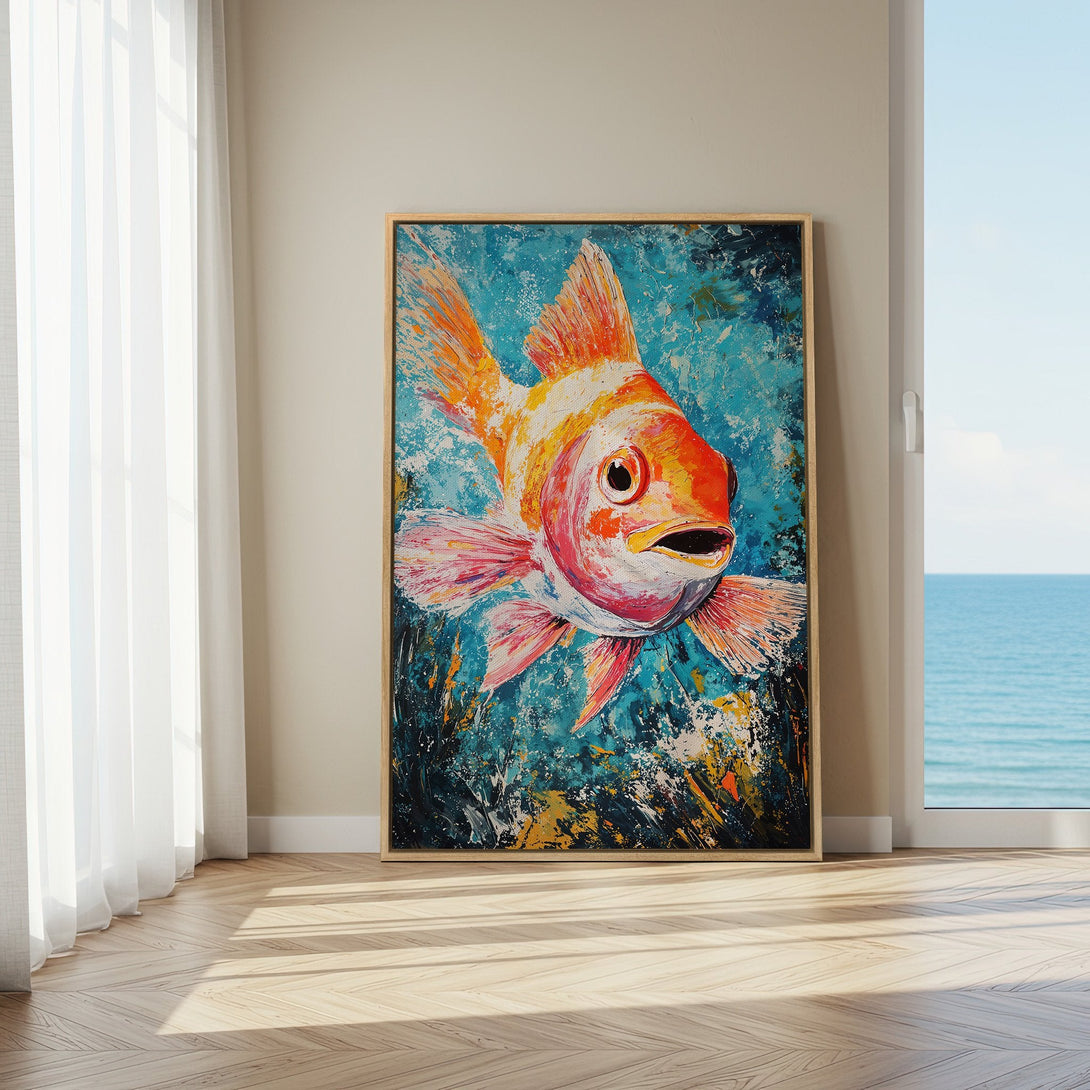 Framed Wall Art: Vibrant goldfish painting in an abstract style with orange, pink, and blue hues. Perfect for adding a pop of color to your space.