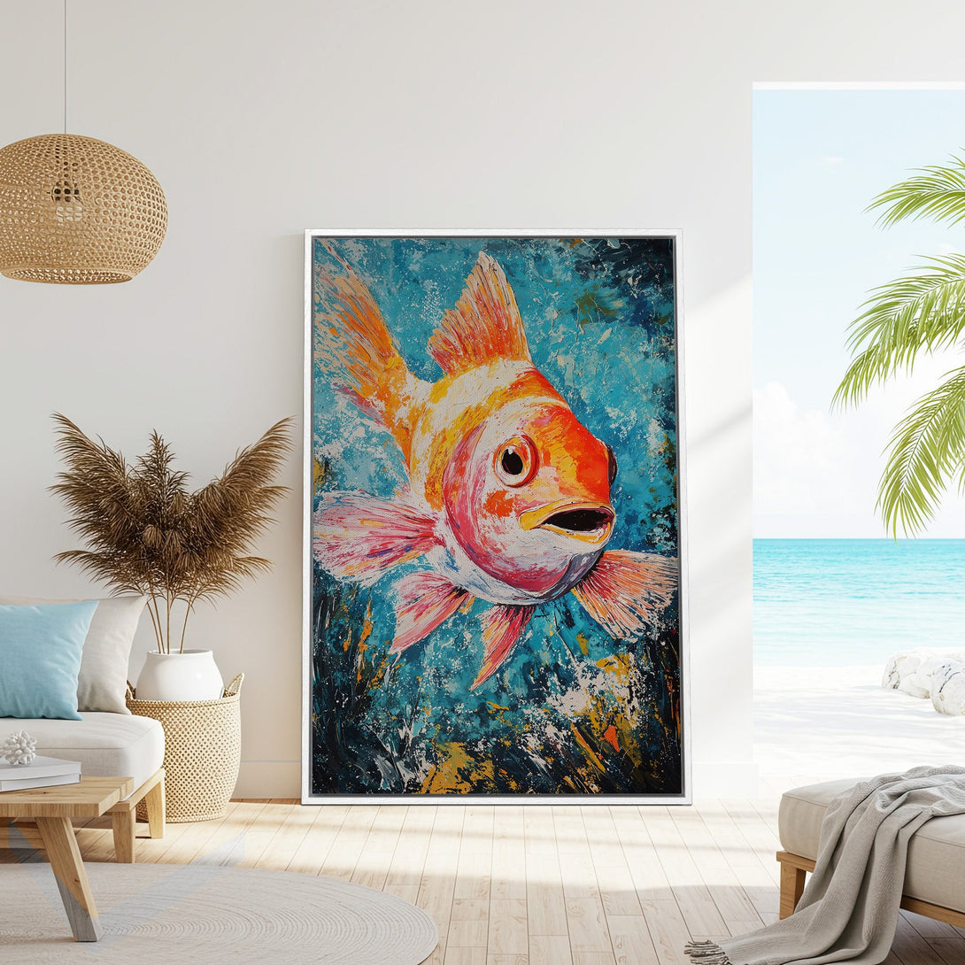 Framed Wall Art: Vibrant goldfish painting in a coastal interior. Featuring a colorful palette of orange, pink, and blue. Perfect for beach house decor.