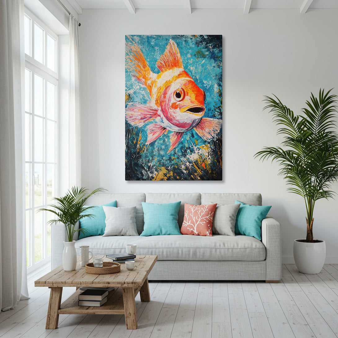 Framed Wall Art: Colorful koi fish painting in a modern living room. Coastal decor with blue, orange, and gold hues. Perfect for adding art to your home.