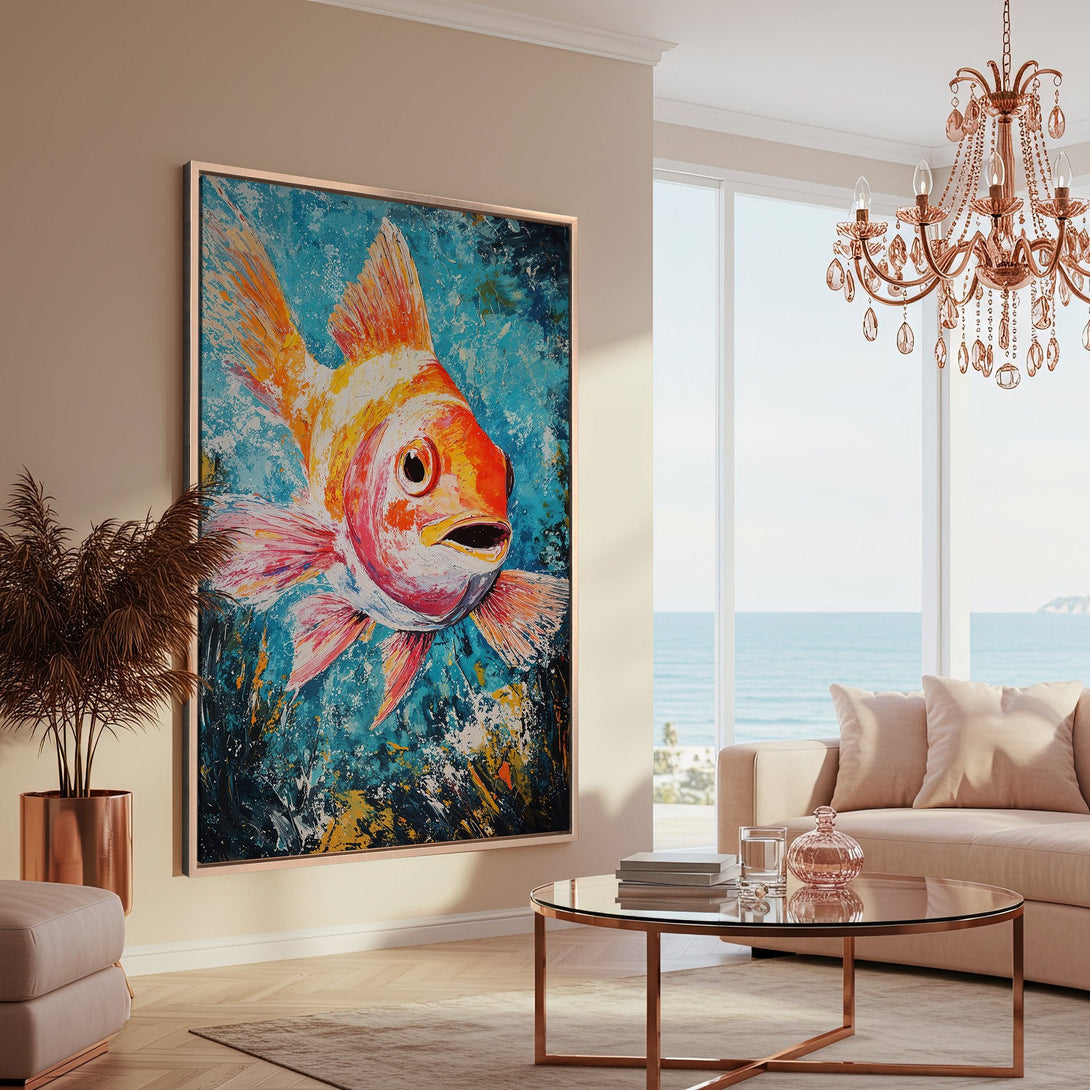 Framed Wall Art: Vibrant goldfish painting with turquoise, orange, and pink hues. Modern abstract style Canvas Print adds coastal charm to any interior.