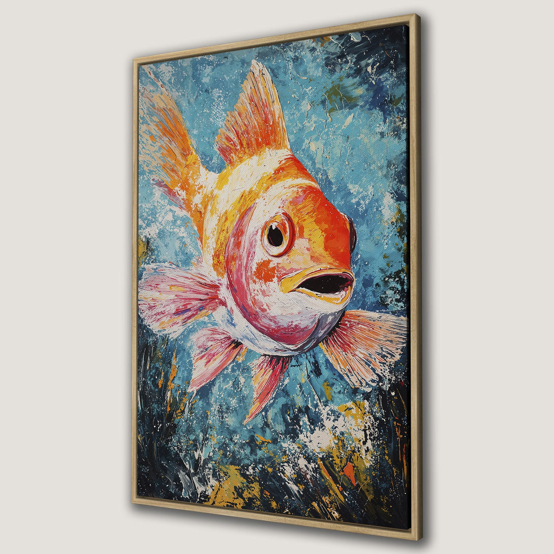 Framed Wall Art: Vibrant goldfish painting in a textured, impressionistic style. Featuring a bold orange, blue, and white color palette. Perfect for home decor!