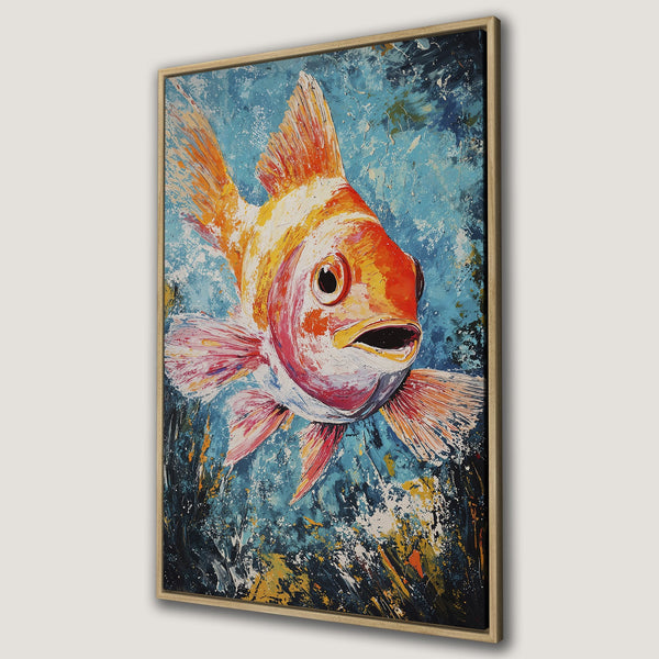 Framed Wall Art: Vibrant goldfish painting in a textured, impressionistic style. Featuring a bold orange, blue, and white color palette. Perfect for home decor!