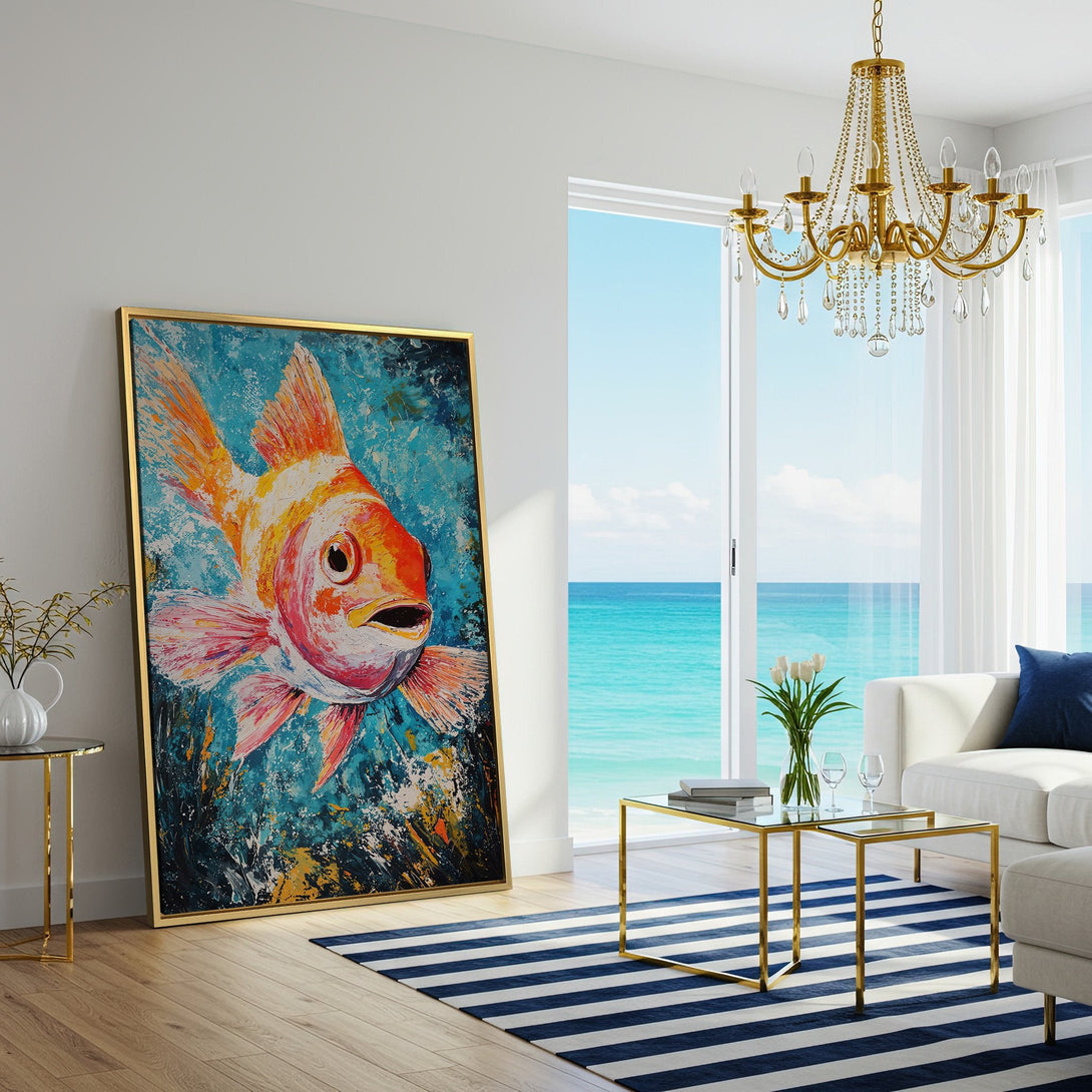 Vibrant Canvas Print of a goldfish in a modern interior. Bold, impressionistic style with orange, blue, and white color palette. Perfect wall art for any space.