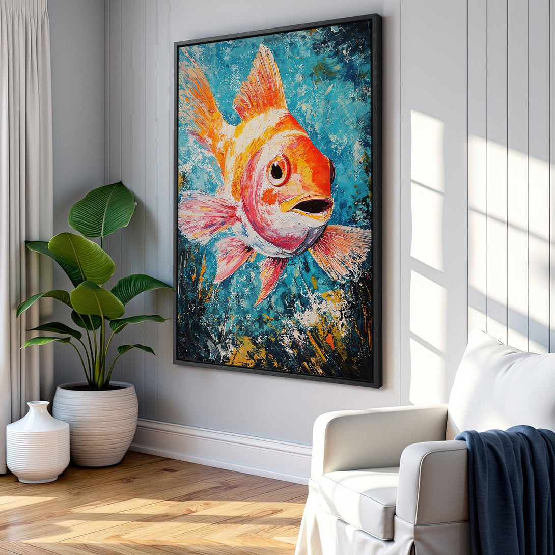 Framed Wall Art: Vibrant goldfish painting in an expressive style with a teal and orange color palette. Perfect for adding a pop of color to your home decor.