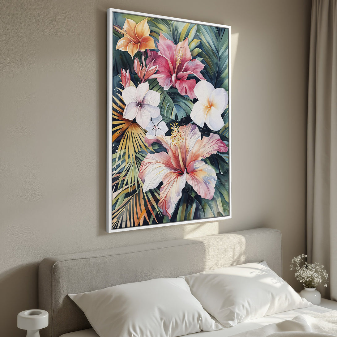 Framed Wall Art featuring vibrant watercolor tropical flowers. Adds a touch of paradise with pink, white, and green hues to any bedroom decor.
