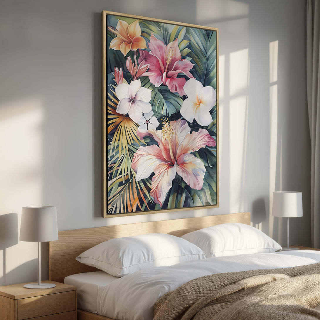 Framed Wall Art: Tropical floral Canvas Print with hibiscus flowers in watercolor style, featuring pink, white, and green hues, perfect for bedroom decor.