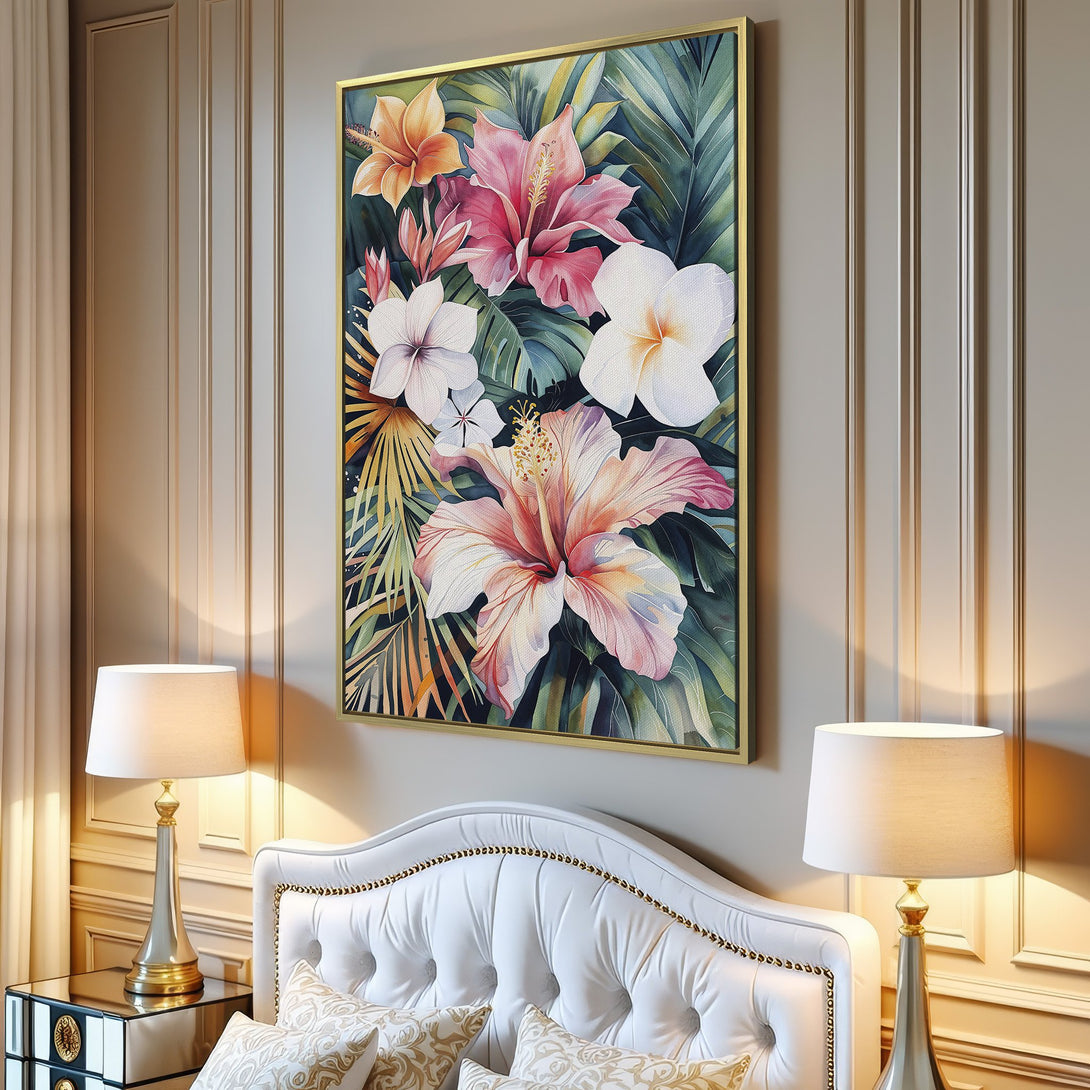 Canvas Print featuring vibrant watercolor hibiscus flowers. Tropical art with pink, white, and green hues. Perfect for adding a touch of nature to your home decor.