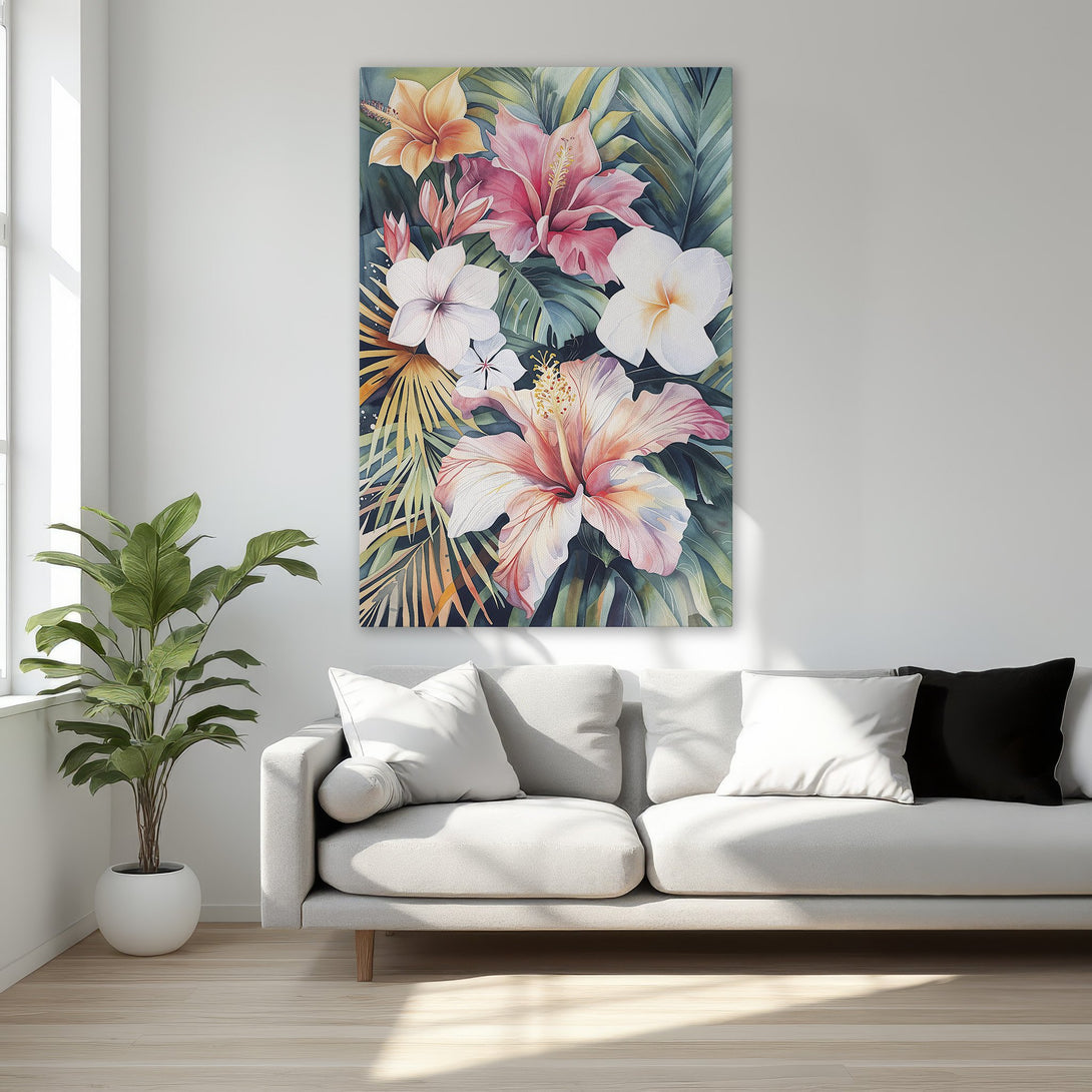 Framed Wall Art featuring vibrant tropical flowers in pinks, oranges, and greens. Adds a touch of elegance to any interior with its botanical style.