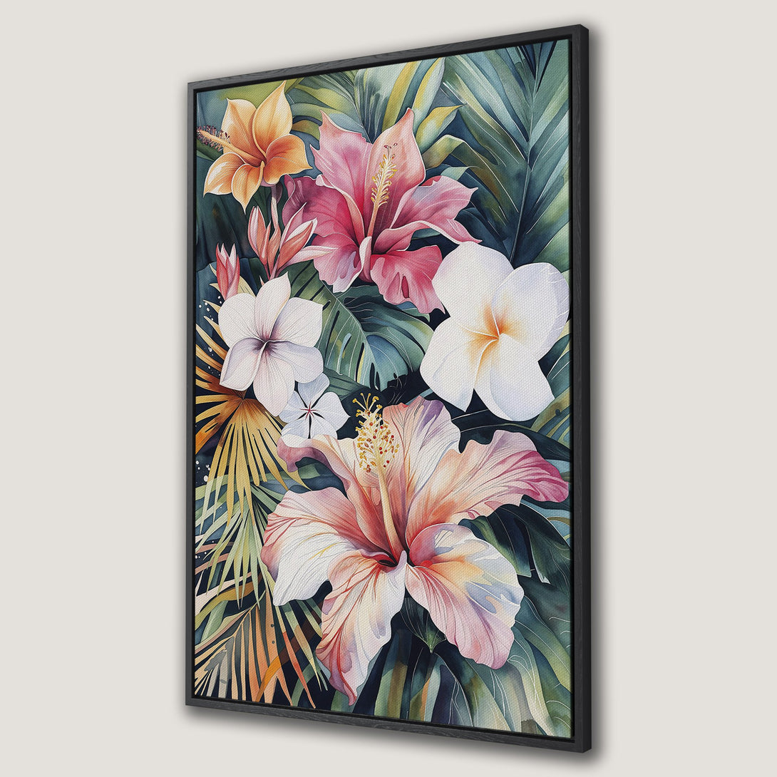 Framed Wall Art featuring vibrant watercolor tropical flowers in pink, yellow, and white. Adds a touch of paradise to any space!