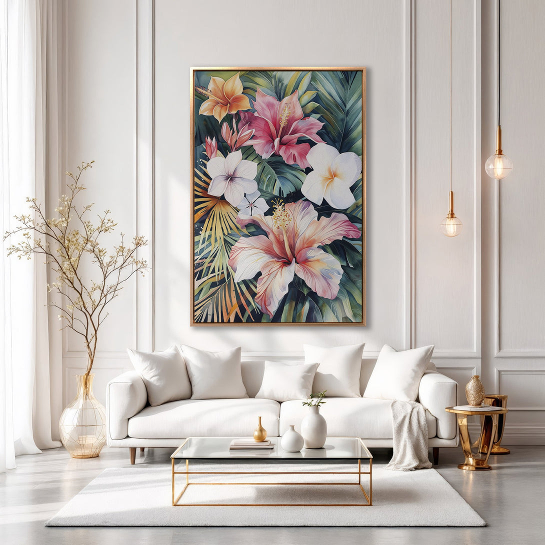 Framed Wall Art: Watercolor floral print in a modern living room. Features hibiscus flowers in pink, white, and yellow against a green backdrop. Adds a touch of elegance.