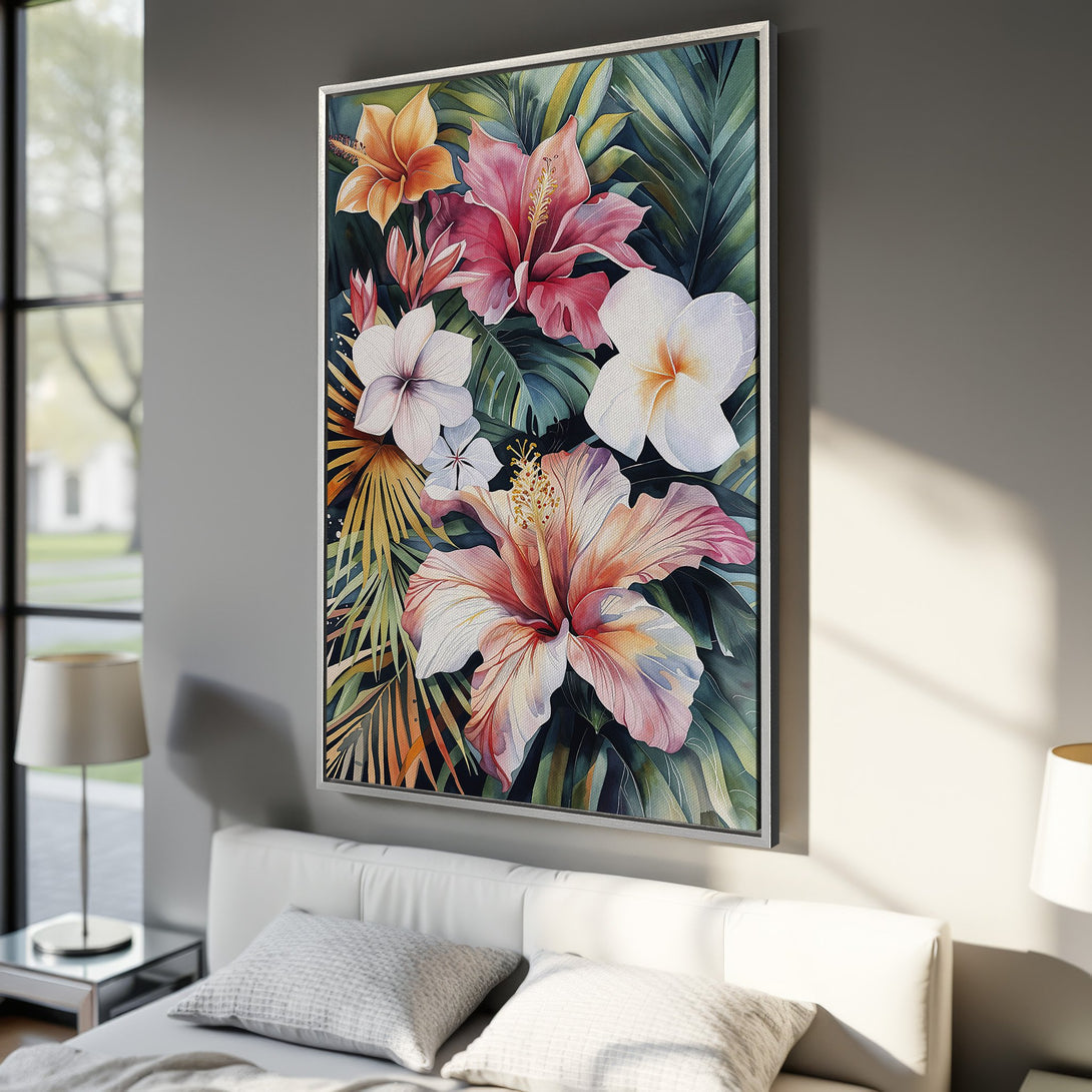 Framed Wall Art featuring vibrant watercolor tropical flowers. Botanical art in a lush green, pink, and orange palette. Perfect for adding a touch of nature to your home decor.