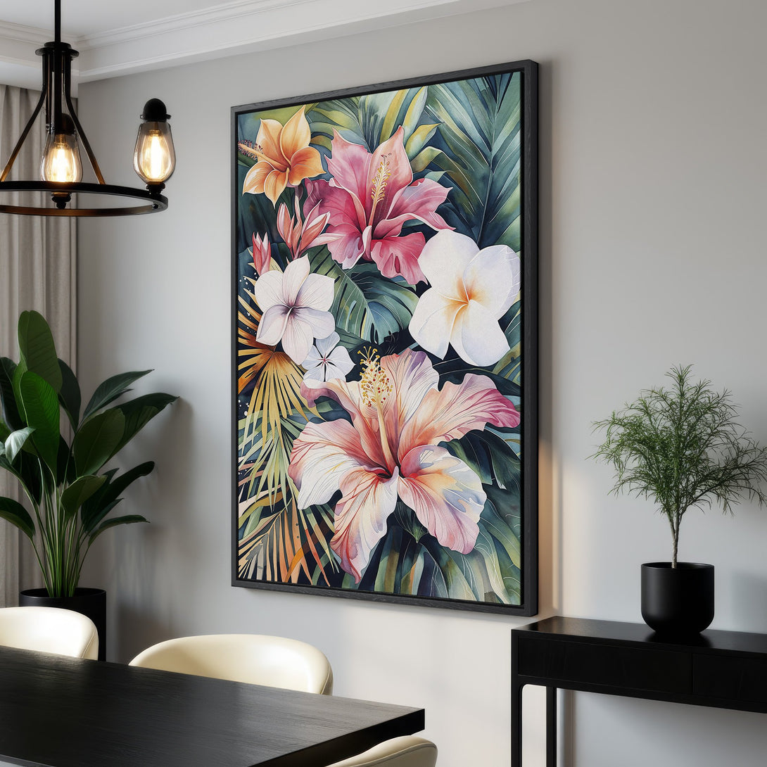 Framed Wall Art featuring vibrant watercolor tropical flowers. Lush pink, orange, and white blooms pop against a green and blue background. Perfect for adding a touch of nature to your home.