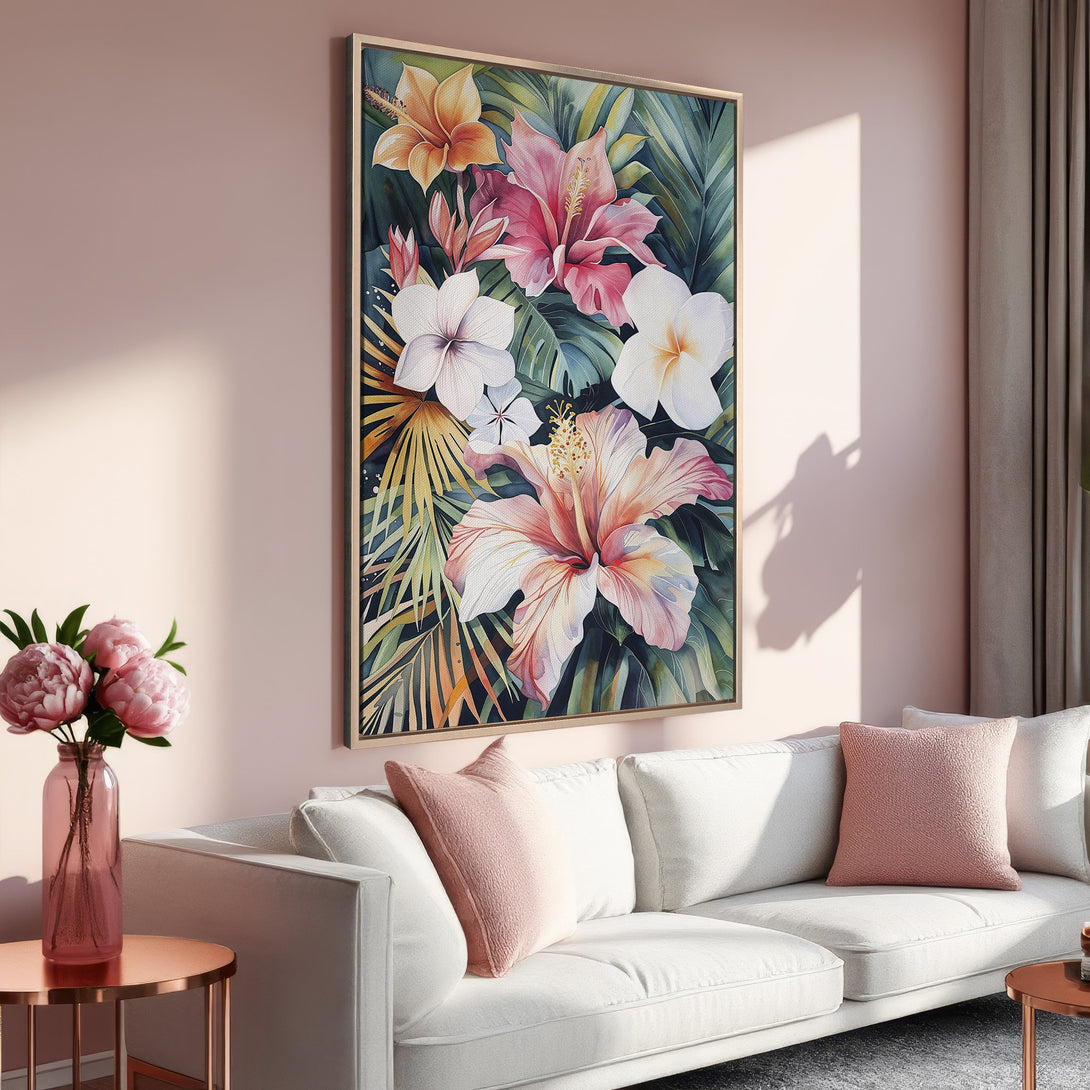 Framed Wall Art: Tropical floral print in watercolor style. Pink, green, and gold color palette. Perfect for adding a touch of nature to your home decor.