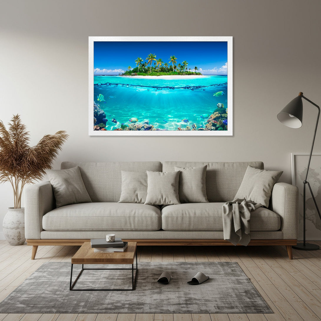 Framed Poster of a tropical island scene with vibrant blue and turquoise colors. Perfect for adding a touch of paradise to your home!