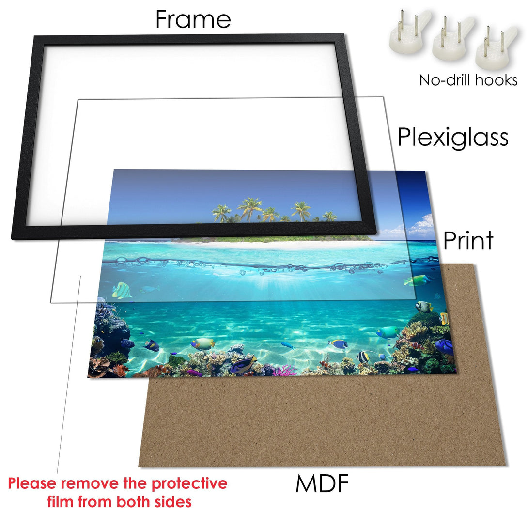 Framed Poster featuring a vibrant underwater scene. Tropical colors, blue and turquoise hues. Perfect wall art for your home!