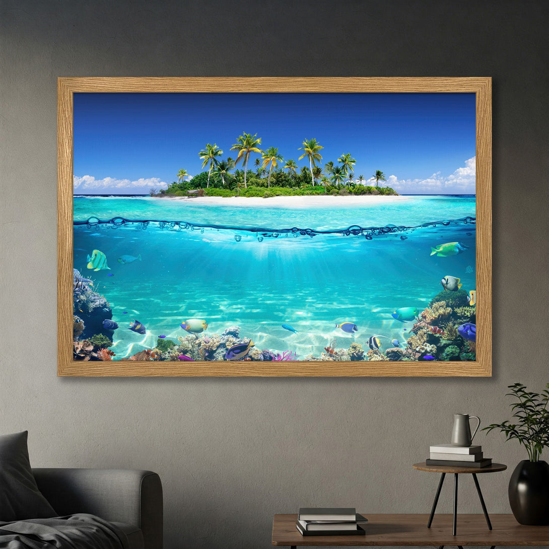 Framed Poster featuring a tropical island scene with vibrant blue and turquoise hues. Perfect wall art for your home!