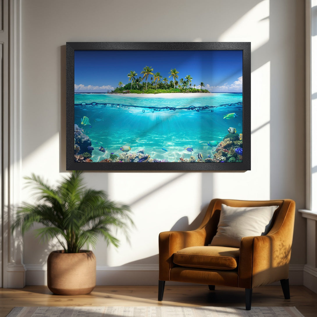 Framed Poster of a tropical island scene with vibrant blues and greens. Coastal style art for your home.