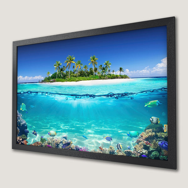 Framed Poster of a tropical paradise with vibrant blue and green hues. Perfect for coastal decor.