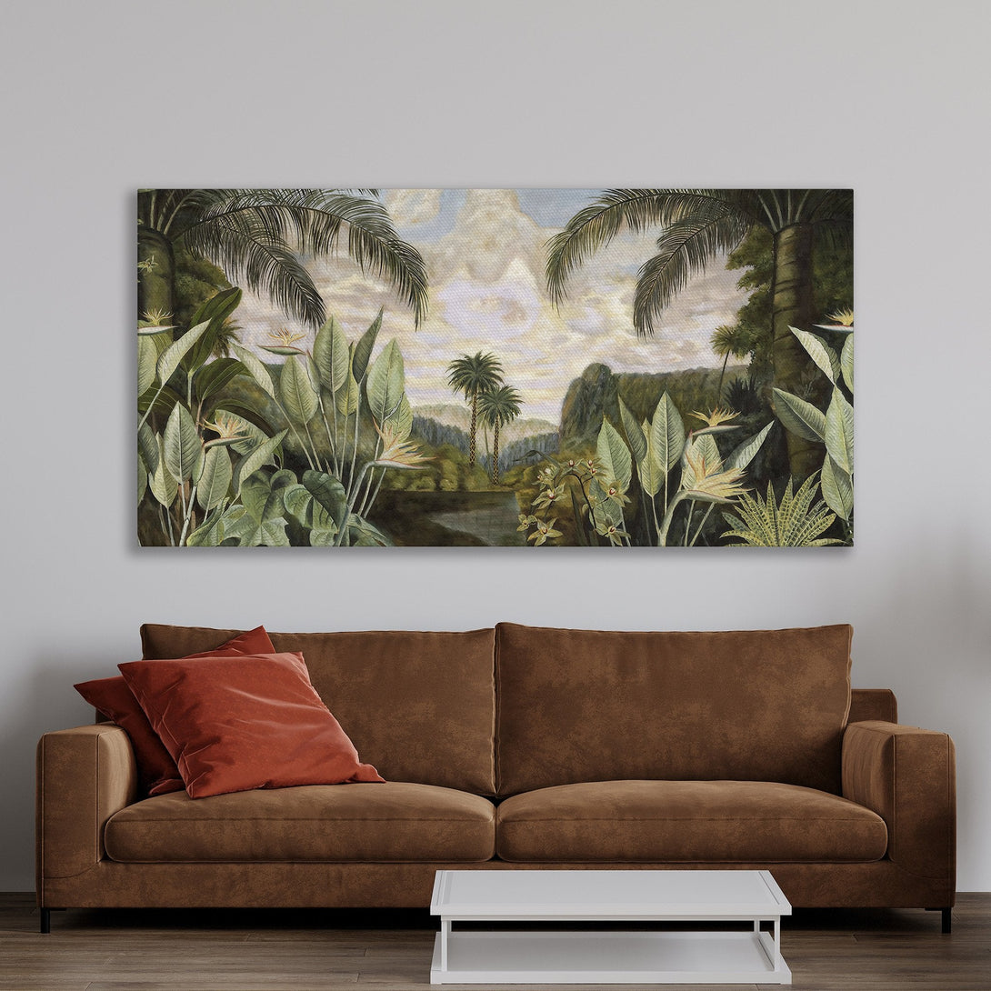 Framed Wall Art: Tropical landscape Canvas Print in green & gold tones. Adds a touch of nature & elegance to any interior. Perfect for home decor.