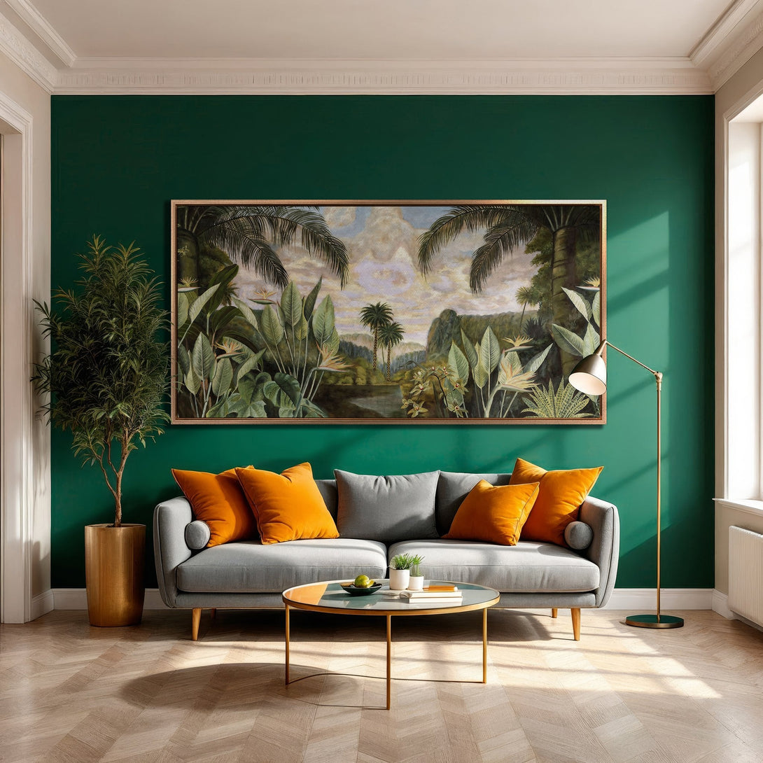 Framed Wall Art featuring a tropical landscape in a living room with a green wall. Warm, inviting color palette with green, orange, and gold tones.