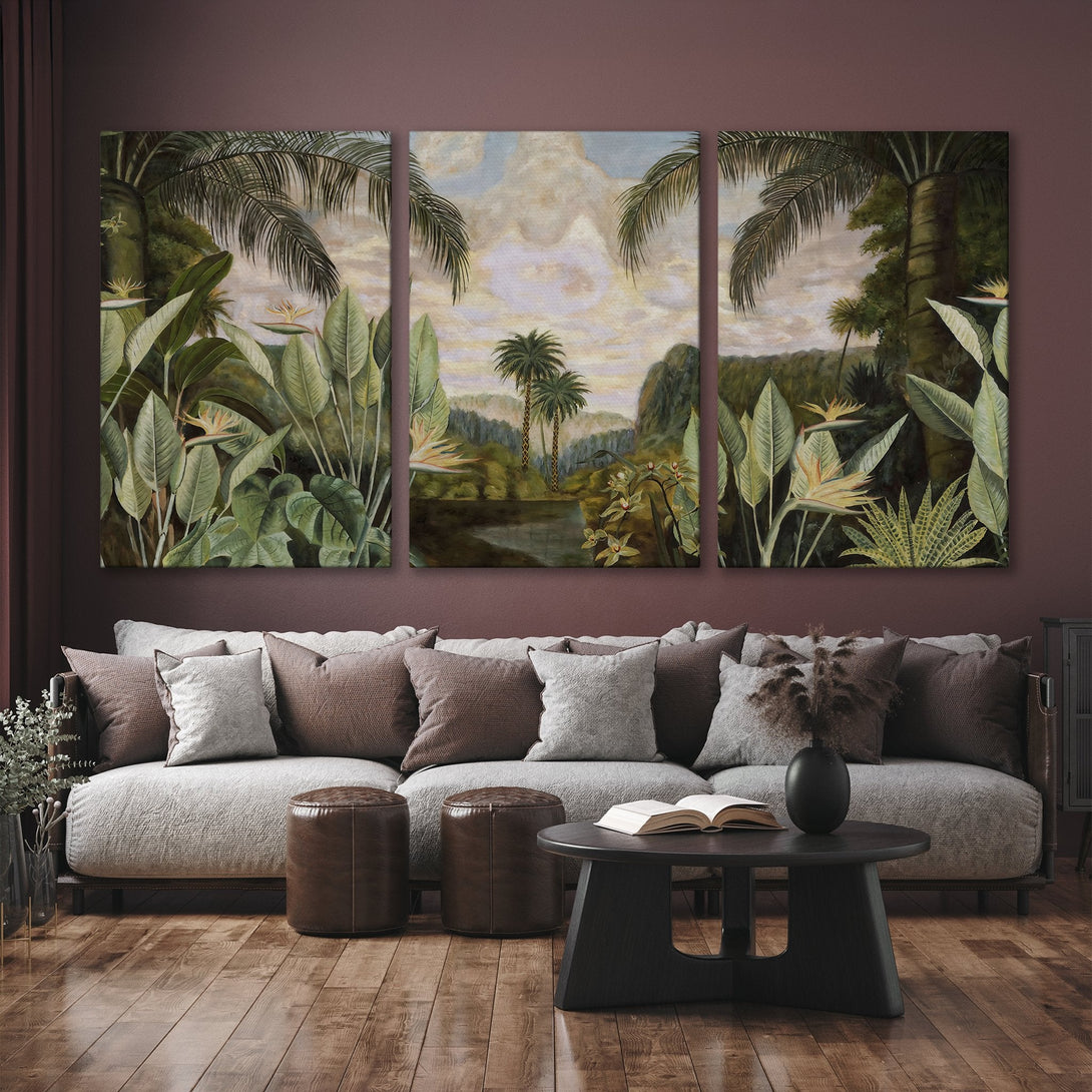 Triptych Canvas Print of tropical landscape art in green and earth tones. Perfect for adding a touch of nature to your home decor.