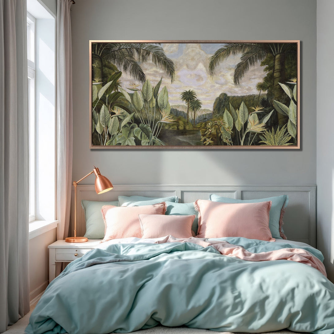 Framed Wall Art featuring a tropical landscape in green and beige tones, displayed in a bedroom with teal and pink accents.