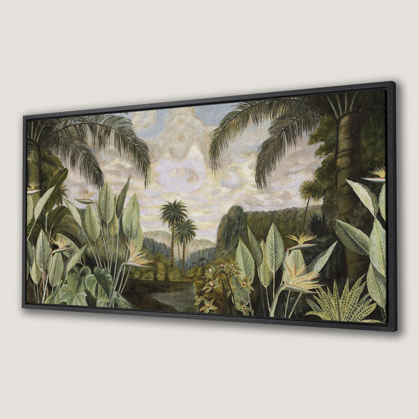 Framed Wall Art of a tropical landscape painting. Featuring lush green foliage, palm trees, and a warm color palette. Perfect for adding a touch of nature.
