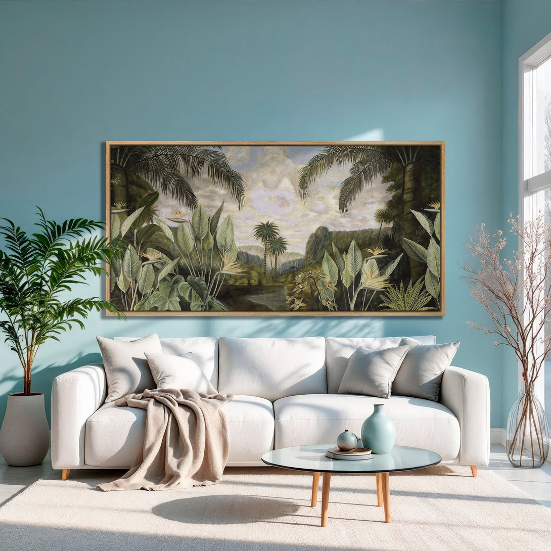 Framed Wall Art: Tropical landscape Canvas Print in a serene interior with a teal wall, white sofa, and neutral color palette. Bring nature indoors!