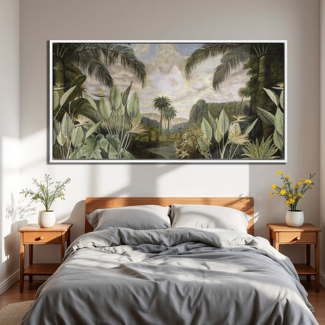Framed Wall Art: Tropical landscape Canvas Print with lush greenery and a calming, neutral color palette. Perfect for bedroom decor.