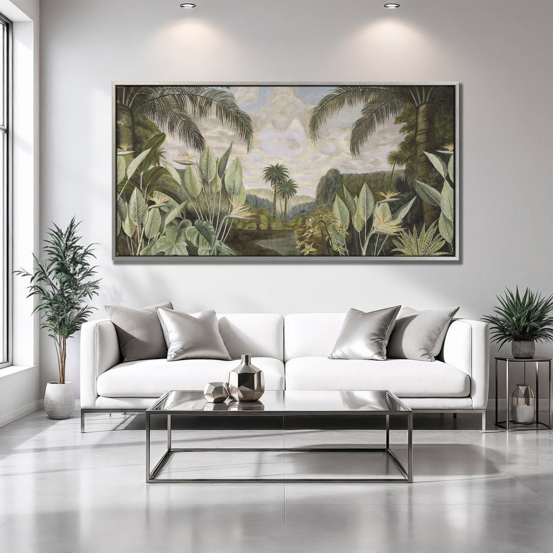 Framed Wall Art: Tropical landscape Canvas Print with lush green foliage and a neutral color palette, perfect for modern interiors.