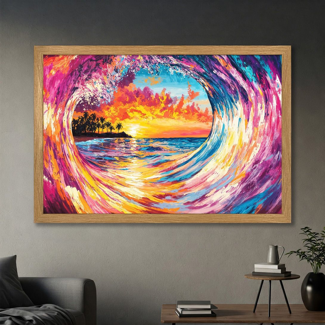 Framed Poster of a vibrant ocean wave painting, showcasing a tropical sunset. Bold, colorful palette of pinks, oranges, blues, and yellows.
