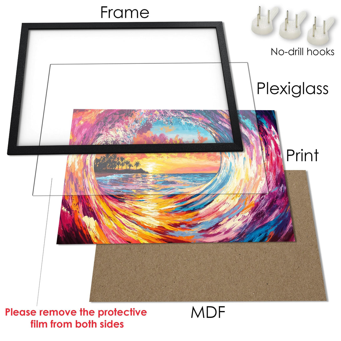 Framed Poster featuring a vibrant ocean wave art print in a colorful palette. Perfect wall decor for your home!