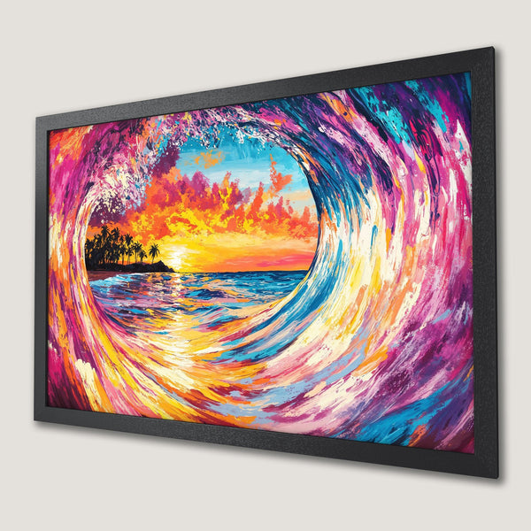 Framed Poster: Vibrant wave art print with sunset, colorful abstract style, and a warm, tropical color palette. Perfect wall decor!