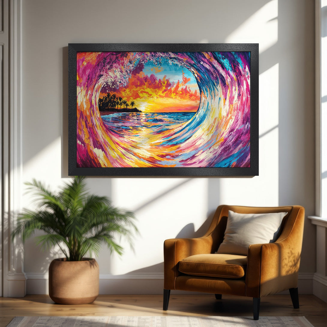 Framed Poster of a vibrant wave art print. Colorful, impressionistic style with a sunset palette of pinks, oranges, and blues. Perfect wall decor.