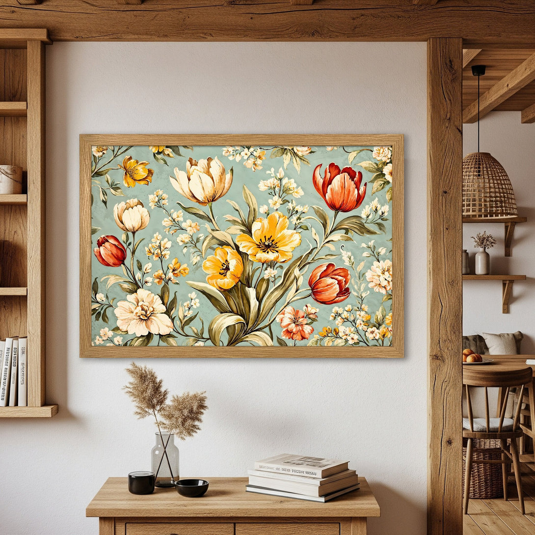 Framed Poster featuring a floral watercolor design in a vintage style with a teal and warm color palette. Perfect wall art!