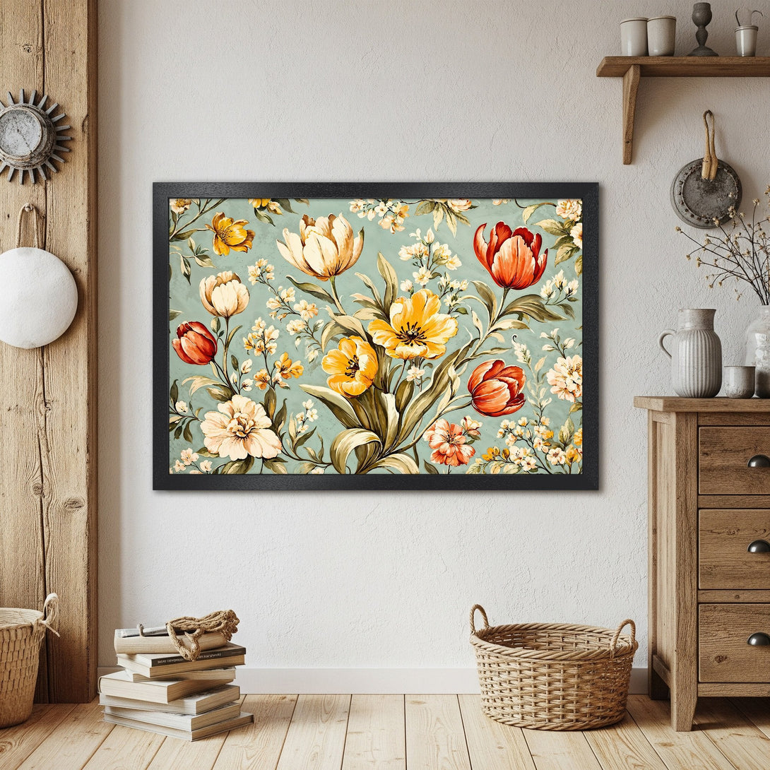 Framed Poster featuring vintage floral art in warm tones. Perfect wall decor for a cozy, inviting space.