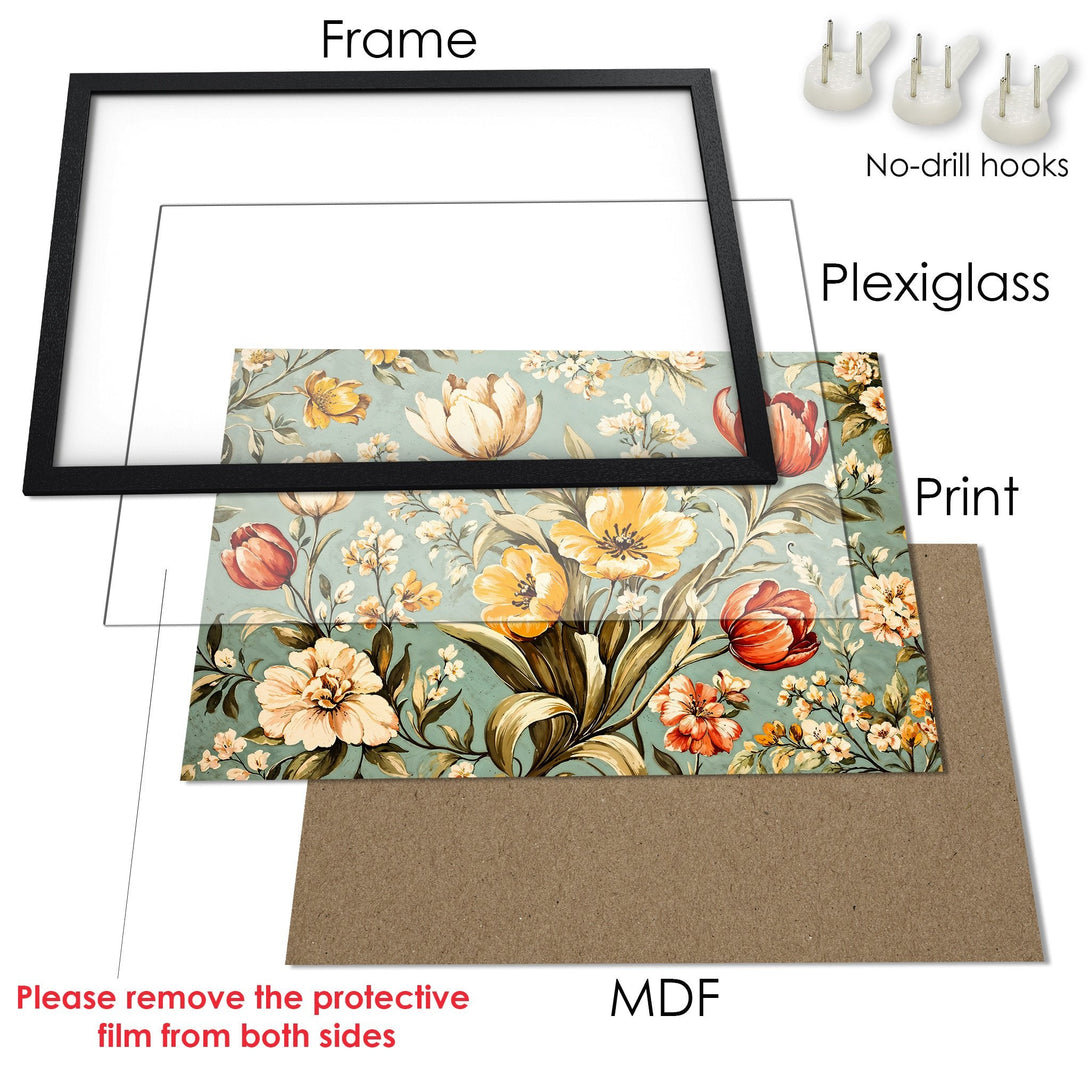 Framed Poster featuring floral art in a vintage style with a teal and warm color palette. Perfect wall decor!