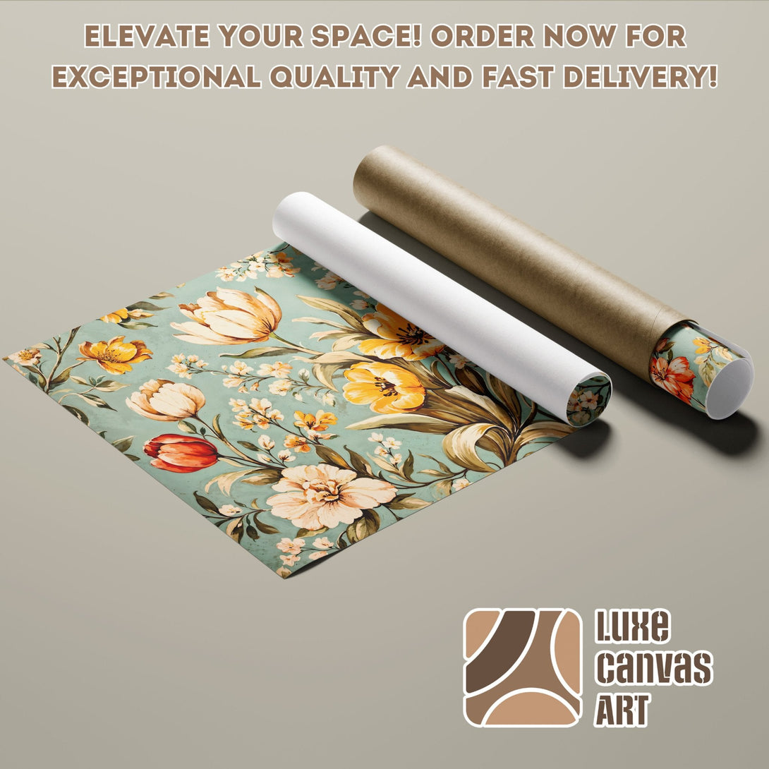 Floral Poster Roll in vintage style with teal, yellow, and cream color palette. Elevate your space!