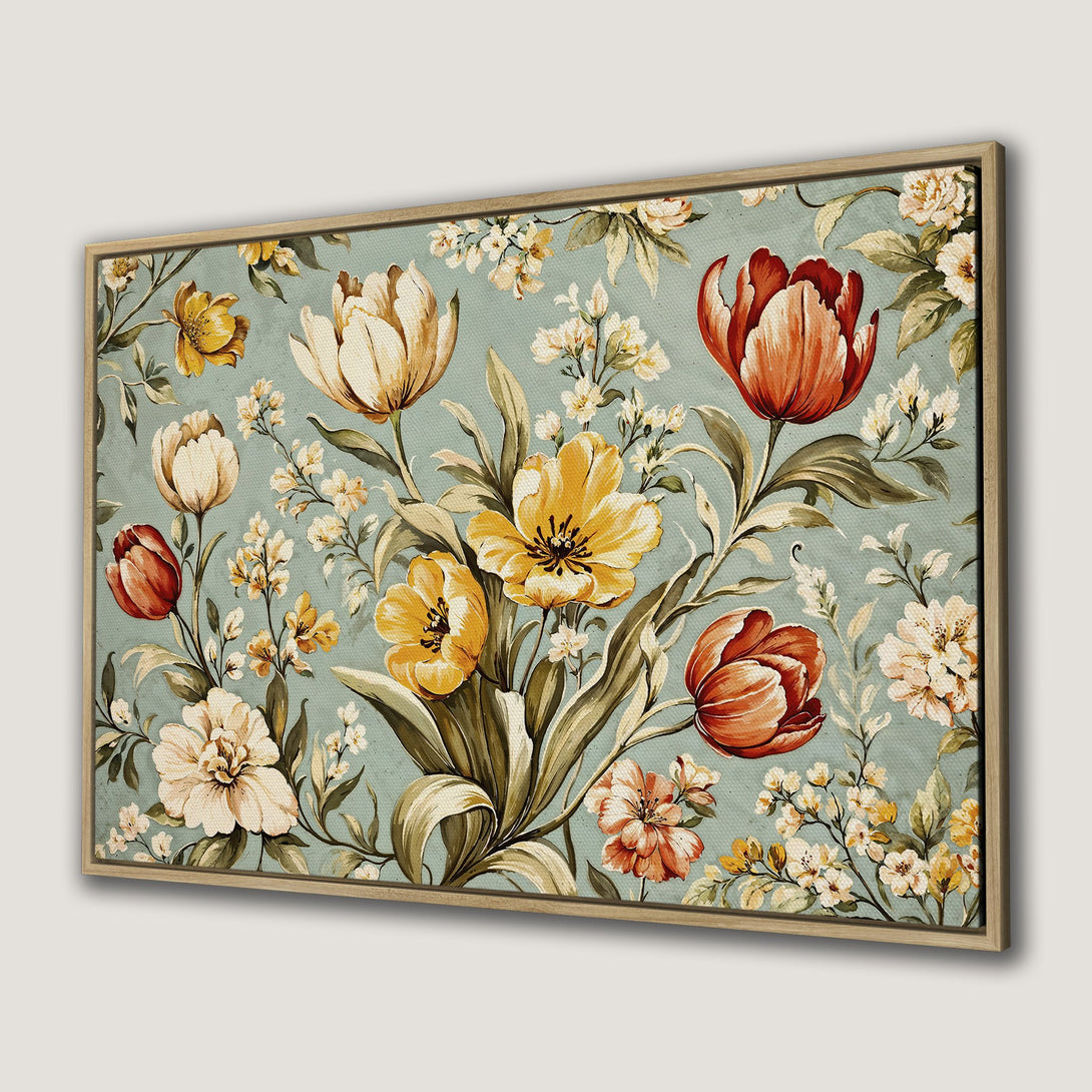 Framed Wall Art featuring a floral print with tulips and other flowers in a vintage style, showcasing a soft, warm color palette.